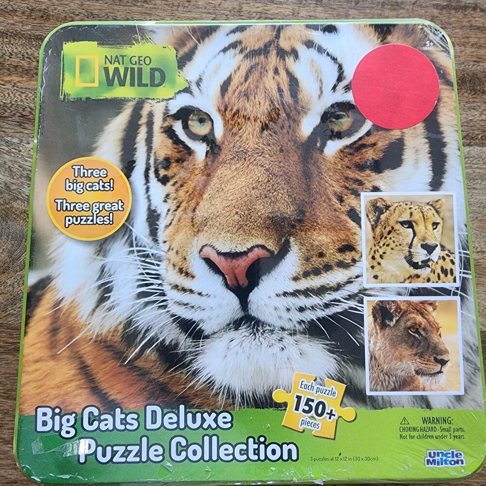 Uncle Milton Nat Geo Wild Big Cats Deluxe 3x150+ Jigsaw Puzzle Tin Green New